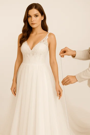 Professional wedding dress hemming services showing perfect length alterations